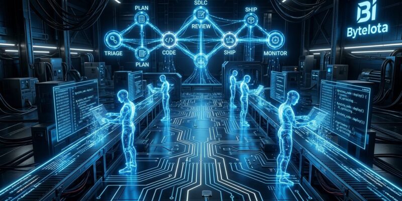 Factory 2.0 autonomous software factory showing AI agents working across the full software development lifecycle with blue and white circuit board patterns