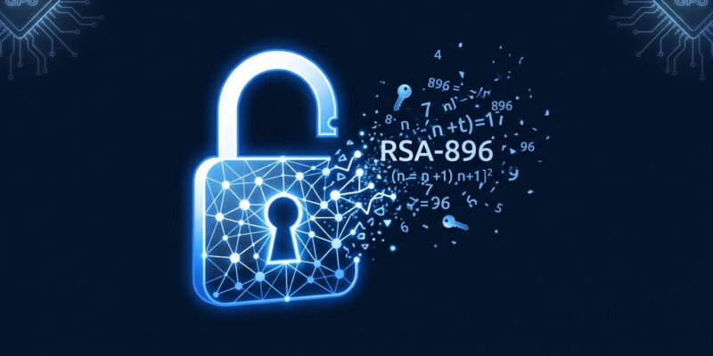 AI neural network unlocking a digital padlock representing RSA-896 cryptographic factorization