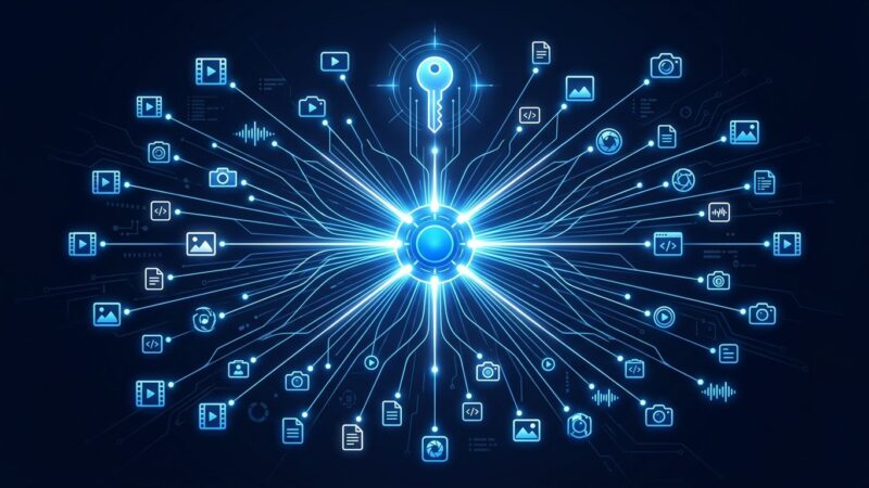 Glowing API hub connecting 50+ AI video and image generation models with a single key, representing the Higgsfield API