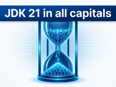 Digital hourglass with Java coffee cup icons representing Oracle JDK 21 license expiration deadline
