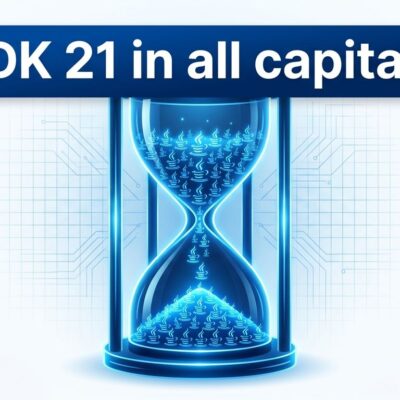 Digital hourglass with Java coffee cup icons representing Oracle JDK 21 license expiration deadline