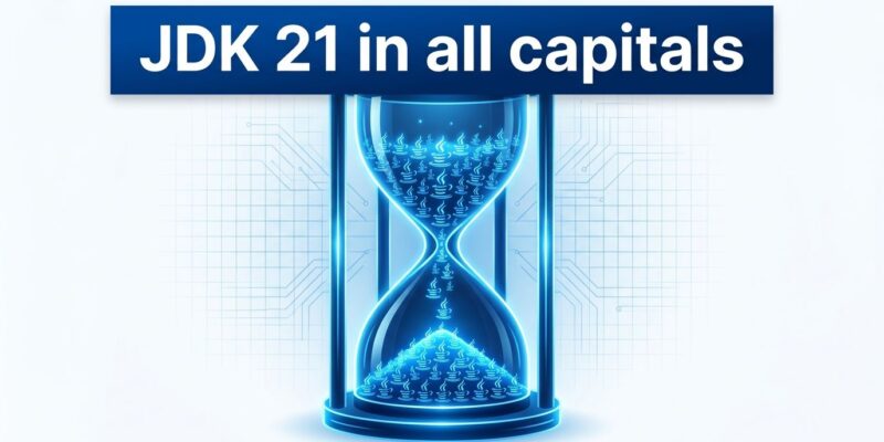 Digital hourglass with Java coffee cup icons representing Oracle JDK 21 license expiration deadline