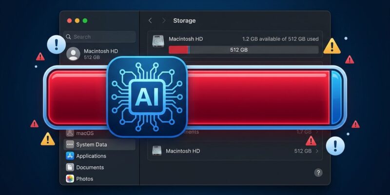Apple Intelligence storage usage on macOS 27 Mac storage bar showing 20-30GB allocation by Apple Intelligence AI models