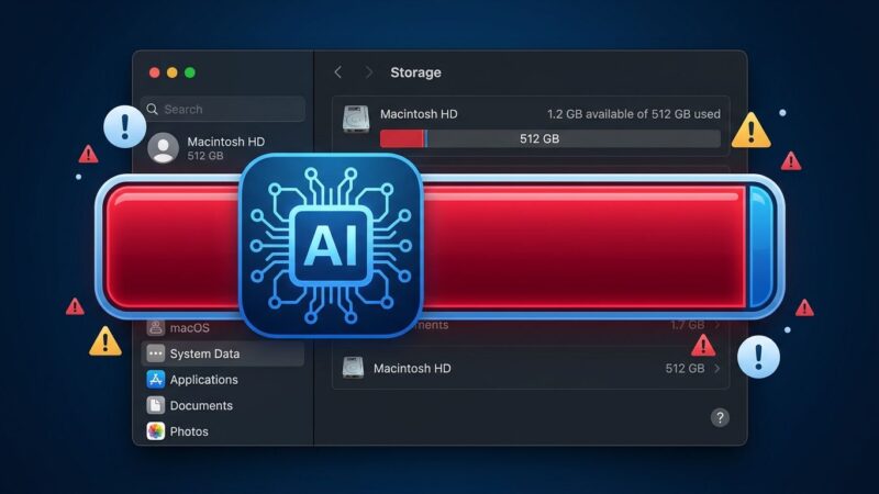 Apple Intelligence storage usage on macOS 27 Mac storage bar showing 20-30GB allocation by Apple Intelligence AI models