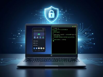 Googlebook laptop showing split Android and Linux terminal interface with pKVM security shield