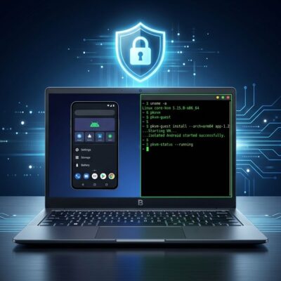Googlebook laptop showing split Android and Linux terminal interface with pKVM security shield