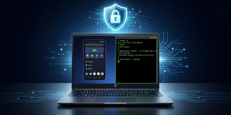 Googlebook laptop showing split Android and Linux terminal interface with pKVM security shield