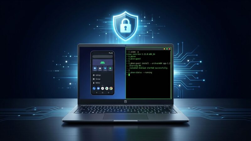 Googlebook laptop showing split Android and Linux terminal interface with pKVM security shield
