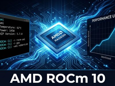 AMD ROCm 10 featured image showing GPU chip with blue data streams and 3.3x performance graph