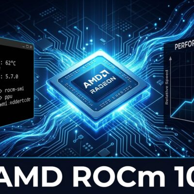 AMD ROCm 10 featured image showing GPU chip with blue data streams and 3.3x performance graph