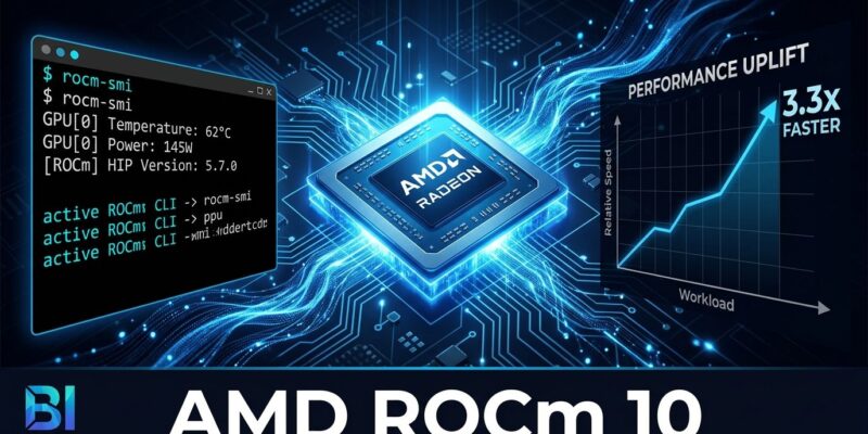 AMD ROCm 10 featured image showing GPU chip with blue data streams and 3.3x performance graph