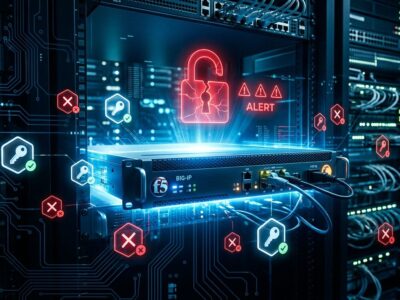 F5 BIG-IP APM network appliance with red warning indicators and broken padlock representing CVE-2026-94127 OAuth RCE vulnerability