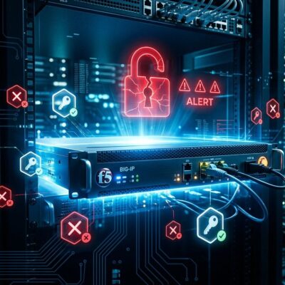 F5 BIG-IP APM network appliance with red warning indicators and broken padlock representing CVE-2026-94127 OAuth RCE vulnerability