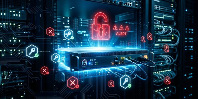 F5 BIG-IP APM network appliance with red warning indicators and broken padlock representing CVE-2026-94127 OAuth RCE vulnerability