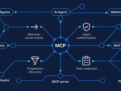 Network diagram showing MCP protocol connections including webhooks, agent authentication, and progressive tool discovery