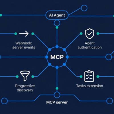 Network diagram showing MCP protocol connections including webhooks, agent authentication, and progressive tool discovery