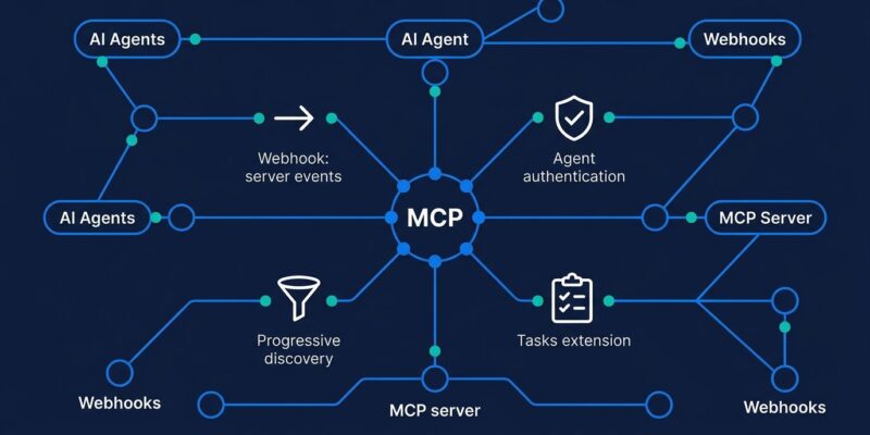Network diagram showing MCP protocol connections including webhooks, agent authentication, and progressive tool discovery