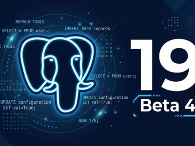 PostgreSQL elephant mascot with glowing SQL code and version number 19, representing PostgreSQL 19 Beta 4 release