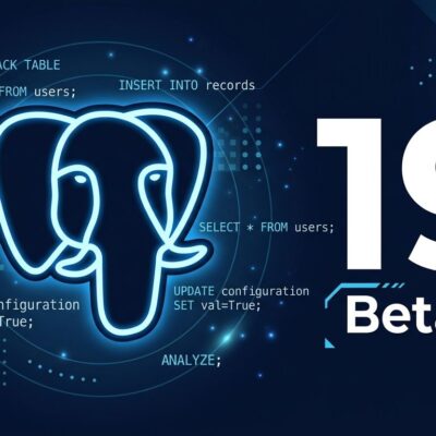 PostgreSQL elephant mascot with glowing SQL code and version number 19, representing PostgreSQL 19 Beta 4 release