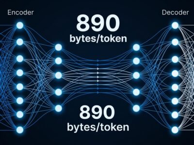 DeepSeek V4.1 Flash Causal Encoder-Decoder architecture diagram showing neural network data flow in ByteIota blue and white