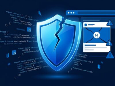 A cracked blue security shield surrounded by JavaScript code fragments representing the CVE-2026-94545 Next.js next/og ImageResponse RCE vulnerability