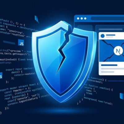 A cracked blue security shield surrounded by JavaScript code fragments representing the CVE-2026-94545 Next.js next/og ImageResponse RCE vulnerability