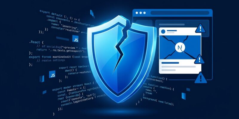 A cracked blue security shield surrounded by JavaScript code fragments representing the CVE-2026-94545 Next.js next/og ImageResponse RCE vulnerability