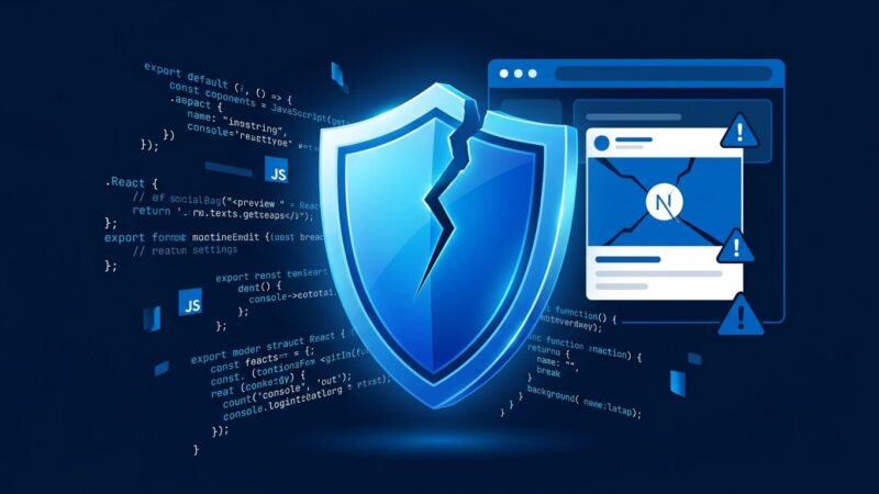 A cracked blue security shield surrounded by JavaScript code fragments representing the CVE-2026-94545 Next.js next/og ImageResponse RCE vulnerability