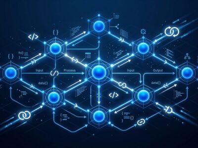 OpenAI Agents API network of interconnected blue AI agent nodes on dark background