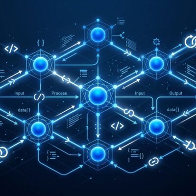 OpenAI Agents API network of interconnected blue AI agent nodes on dark background