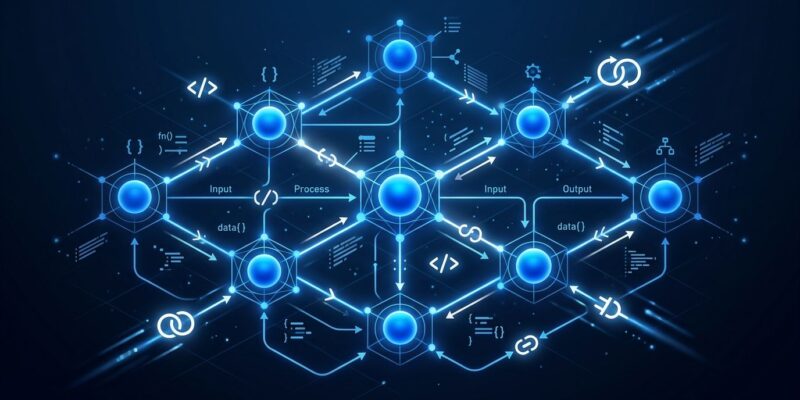 OpenAI Agents API network of interconnected blue AI agent nodes on dark background