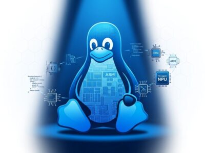 Conceptual illustration of Linux on Snapdragon X2 ARM64 laptop with Hexagon NPU chip diagram