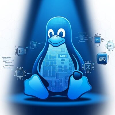 Conceptual illustration of Linux on Snapdragon X2 ARM64 laptop with Hexagon NPU chip diagram