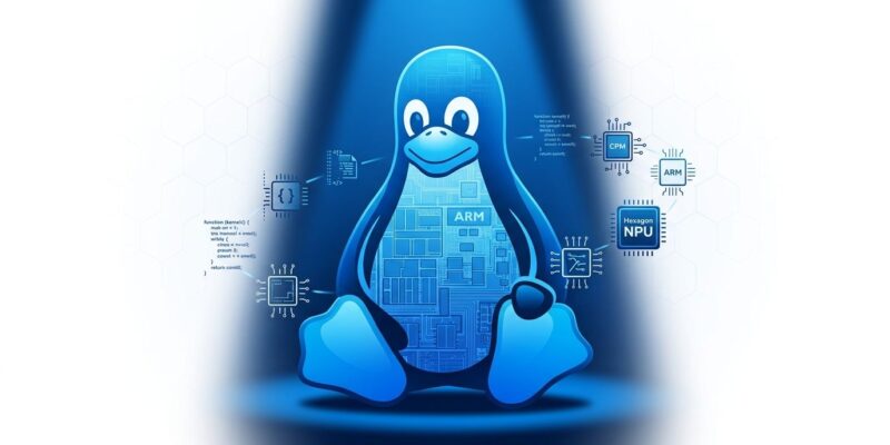 Conceptual illustration of Linux on Snapdragon X2 ARM64 laptop with Hexagon NPU chip diagram