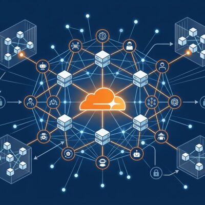 Cloudflare Agents Week 2026: network nodes representing distributed AI agents with Sandboxes, Workflows, and Managed OAuth infrastructure