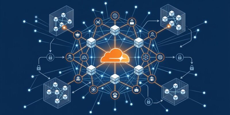 Cloudflare Agents Week 2026: network nodes representing distributed AI agents with Sandboxes, Workflows, and Managed OAuth infrastructure
