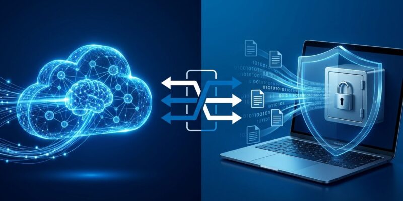 Diagram showing Perplexity hybrid compute routing sensitive data to local Mac model while cloud handles frontier reasoning