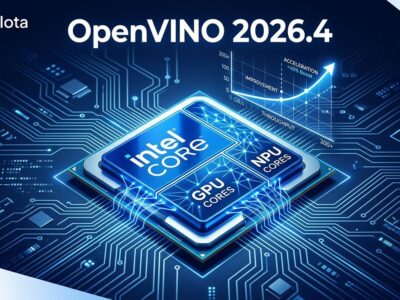 Intel processor chip with neural network connections between CPU, GPU and NPU cores illustrating OpenVINO 2026.4 unified inference