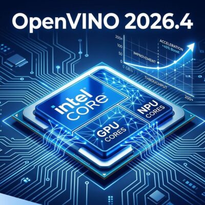 Intel processor chip with neural network connections between CPU, GPU and NPU cores illustrating OpenVINO 2026.4 unified inference