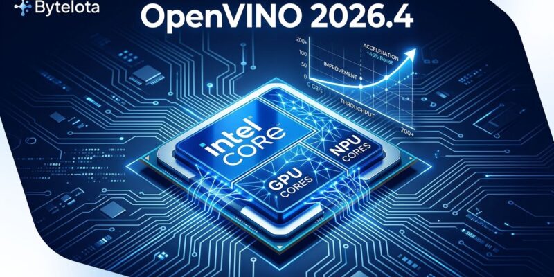 Intel processor chip with neural network connections between CPU, GPU and NPU cores illustrating OpenVINO 2026.4 unified inference