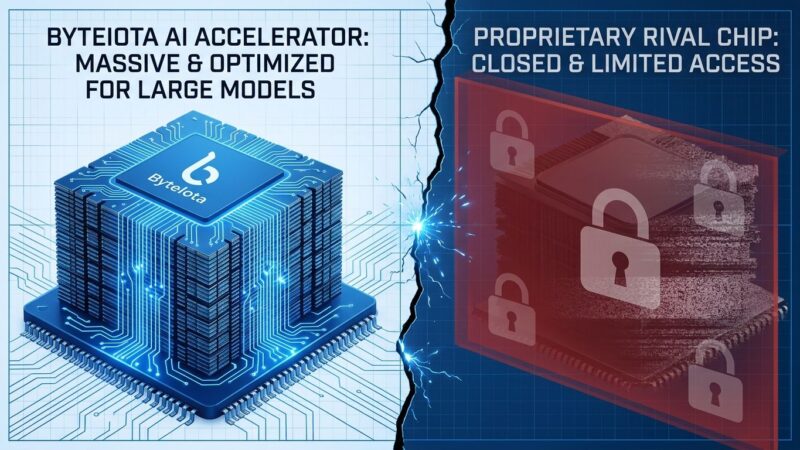 Split-screen comparison of Alibaba Zhenwu V900 AI chip versus blocked Nvidia accelerator with export restriction barrier
