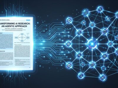 A research paper transforming into an interconnected network of AI agent nodes via MCP protocol, illustrated with blue and white circuit lines on a dark background