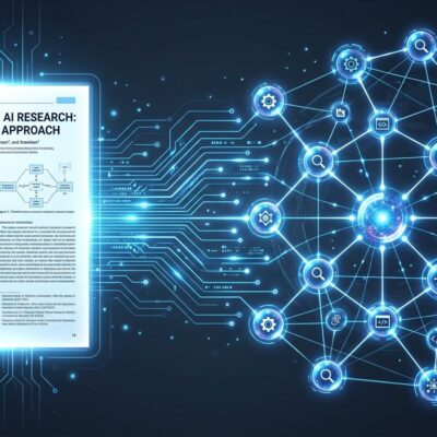 A research paper transforming into an interconnected network of AI agent nodes via MCP protocol, illustrated with blue and white circuit lines on a dark background