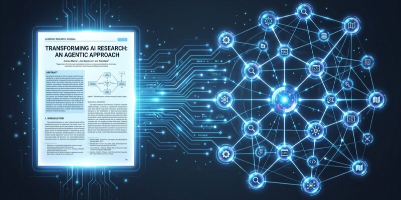 A research paper transforming into an interconnected network of AI agent nodes via MCP protocol, illustrated with blue and white circuit lines on a dark background
