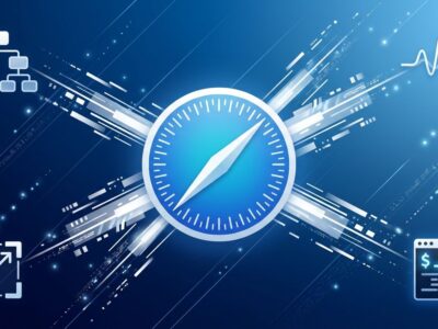 Safari compass icon radiating data streams to AI agent tools representing MCP server connectivity