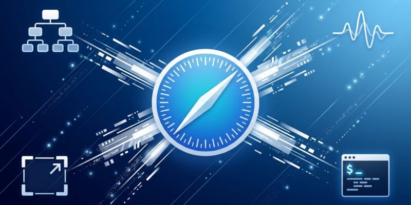 Safari compass icon radiating data streams to AI agent tools representing MCP server connectivity