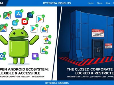 Split-screen showing open Android app ecosystem versus Google's locked distribution wall, representing the F-Droid 2.0 versus Google developer crackdown story