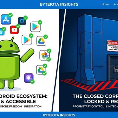 Split-screen showing open Android app ecosystem versus Google's locked distribution wall, representing the F-Droid 2.0 versus Google developer crackdown story