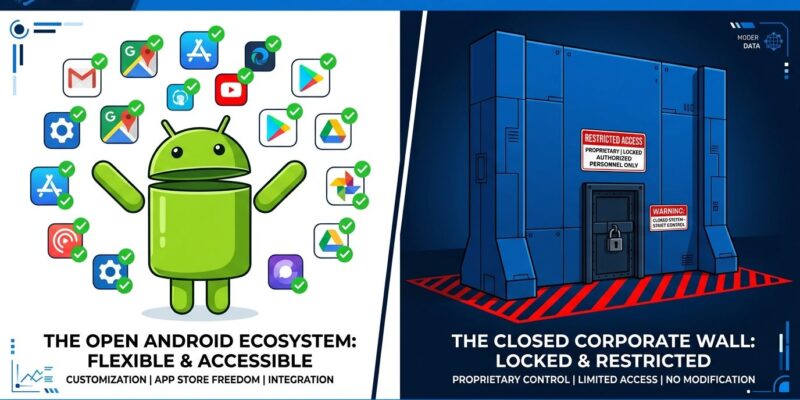 Split-screen showing open Android app ecosystem versus Google's locked distribution wall, representing the F-Droid 2.0 versus Google developer crackdown story