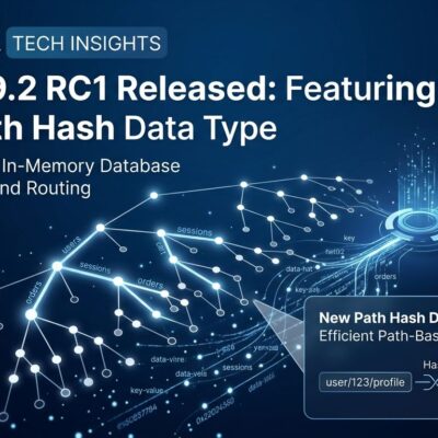 Valkey 9.2 RC1 Path Hash radix tree data type illustration with blue network nodes